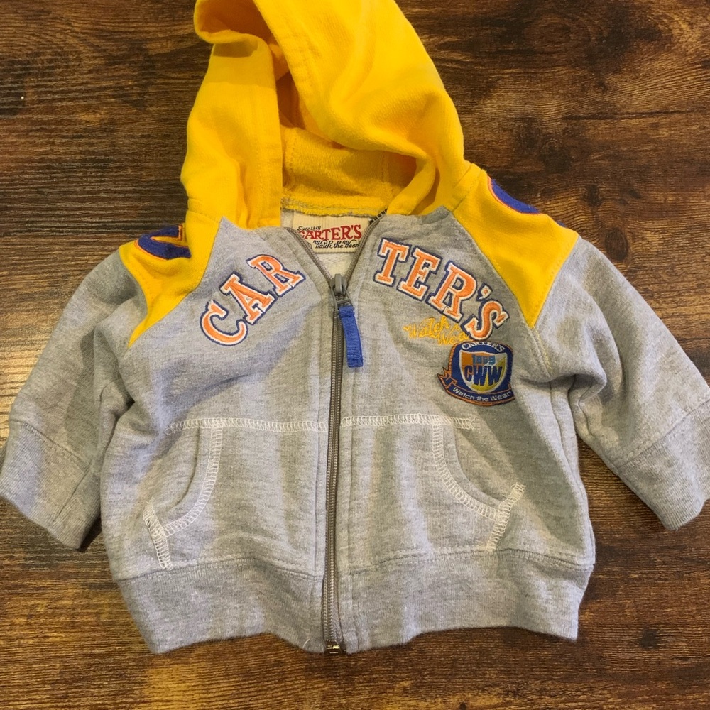 Vintage Carters Gray Yellow‎ Hoodie Zip Up Athletic  6-12 Mo Watch The Wear Tag